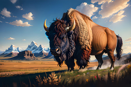 Illustration of bison in prairie. North America, complex environment, sunset, blue sky., AI generated image.の素材