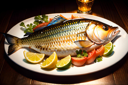 Illustration of delicious grilled fish. Food and restaurants concept. AI generated image.の素材
