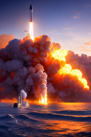 Illustration of launching starship. Space travel, exploration, future concept. AI generated image.の素材