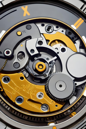 Illustration of clockwork mechanism, cogwheels, swirls, springs. Technology and time concept. AI generated image.の素材