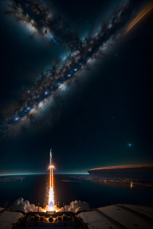 Illustration of launching starship. Space travel, exploration, future concept. AI generated image.の素材