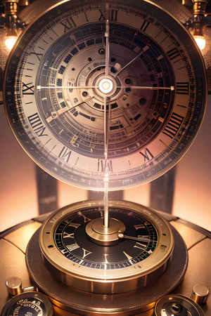 Illustration of clockwork mechanism, cogwheels, swirls, springs. Technology and time concept. AI generated image.の素材