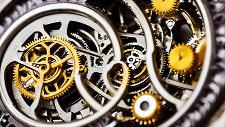 Illustration of clockwork mechanism, cogwheels, swirls, springs. Technology and time concept. AI generated image.の素材