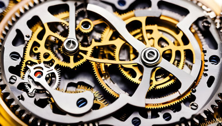 Illustration of clockwork mechanism, cogwheels, swirls, springs. Technology and time concept. AI generated image.の素材