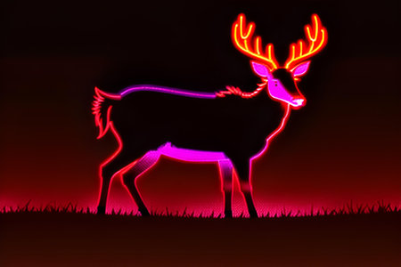 Neon glowing outlined illustration of colorful deer. AI generated image.の素材