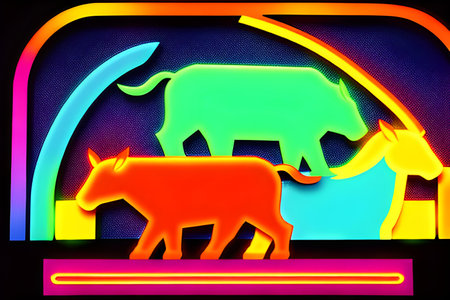 Neon glowing outlined illustration of colorful bull. AI generated image.の素材
