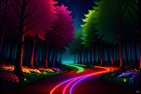 Neon glowing outlined illustration of colorful tree in forest. AI generated image.の素材