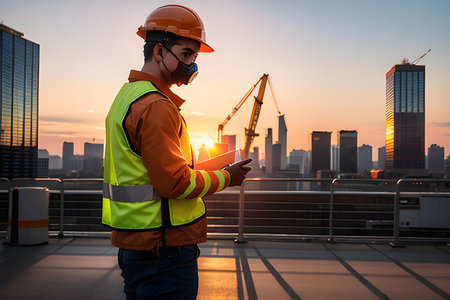 Illustration of construction worker wearing safety helm and vest. Construction, building and developement concept. AI generated imageの素材