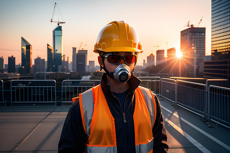Illustration of construction worker wearing safety helm and vest. Construction, building and developement concept. AI generated imageの素材