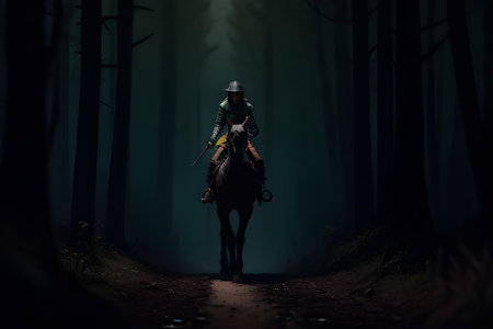 Horse rider in dark forest swampy environment. Mystic light. AI generated imageの素材