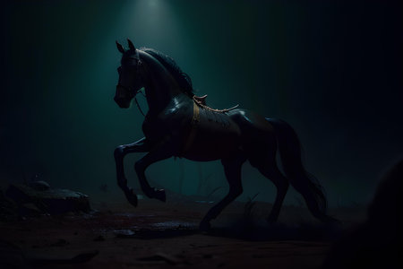 Horse rider in dark forest swampy environment. Mystic light. AI generated imageの素材
