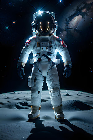 Realistic illustration of astronaut on alien planet. Space travel, exploration concept. 3D AI generated image.の素材