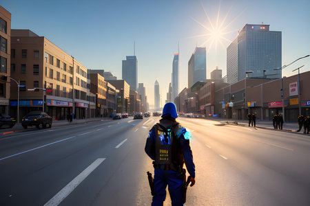Image of police officers in the street during riots and demonstrations. Cityscape, riots, demonstrations and human rights concept. AI generated illustration.の素材
