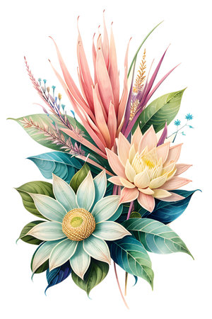 Colourful abstract botanical floral illustration. Wish card, greeting, wedding, print, shirt concept. AI generated imageの素材