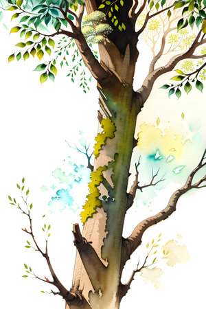 Colourful abstract botanical illustration of tree. Wish card, greetings, wedding, print, shirt concept. AI generated imageの素材