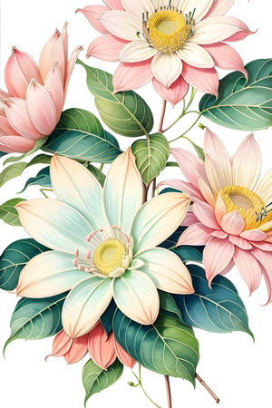 Colourful abstract botanical floral illustration. Wish card, greeting, wedding, print, shirt concept. AI generated imageの素材
