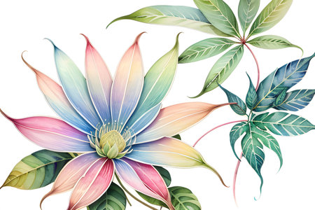 Colourful abstract botanical floral illustration. Wish card, greeting, wedding, print, shirt concept. AI generated imageの素材