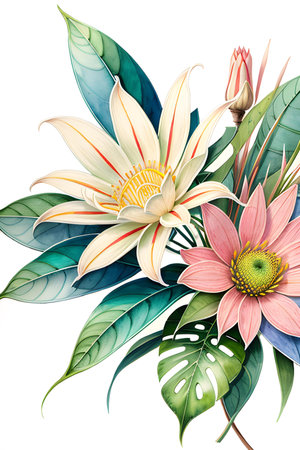 Colourful abstract botanical floral illustration. Wish card, greeting, wedding, print, shirt concept. AI generated imageの素材