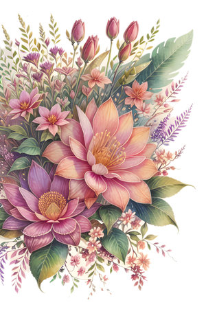 Colourful abstract botanical floral illustration. Wish card, greeting, wedding, print, shirt concept. AI generated imageの素材