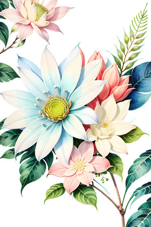 Colourful abstract botanical floral illustration. Wish card, greeting, wedding, print, shirt concept. AI generated imageの素材