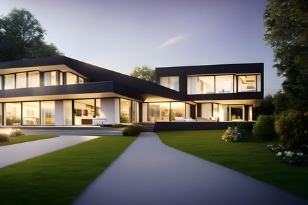 Illustration of modern, conceptual architectural villa in nature. Architecture and design concept. AI generated imageの素材