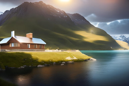 Illustration of cabin in nature, surrounded by the water and mountains.. Architecture and design concept. AI generated imageの素材