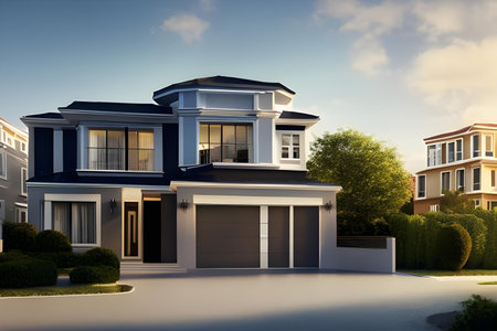 Illustration of modern, conceptual architectural villa in nature. Architecture and design concept. AI generated imageの素材