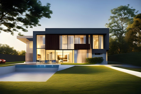 Illustration of modern, conceptual architectural villa in nature. Architecture and design concept. AI generated imageの素材
