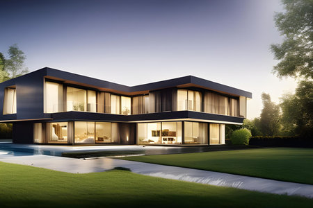 Illustration of modern, conceptual architectural villa in nature. Architecture and design concept. AI generated imageの素材
