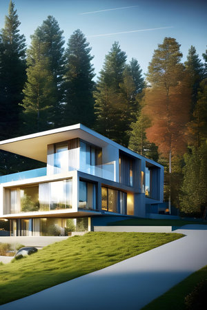 Illustration of modern, conceptual architectural villa in nature. Architecture and design concept. AI generated imageの素材