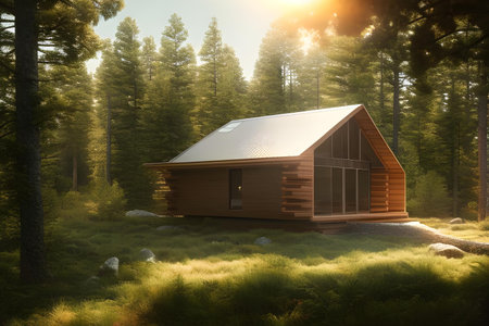 Illustration of cabin in nature, surrounded by the water and mountains.. Architecture and design concept. AI generated imageの素材