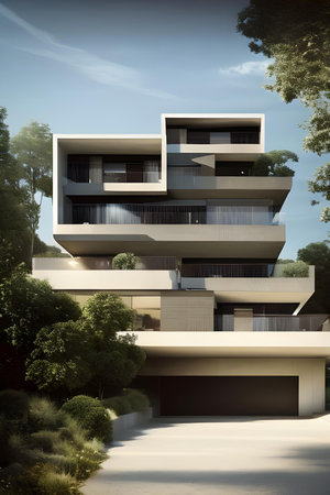 Illustration of modern, conceptual architectural villa in nature. Architecture and design concept. AI generated imageの素材