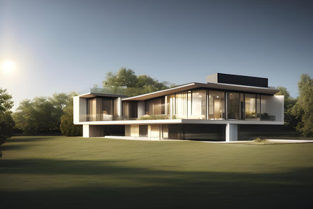 Illustration of modern, conceptual architectural villa in nature. Architecture and design concept. AI generated imageの素材