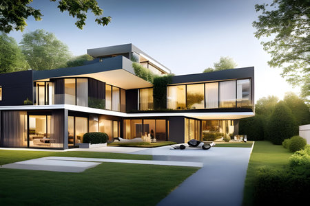 Illustration of modern, conceptual architectural villa in nature. Architecture and design concept. AI generated imageの素材