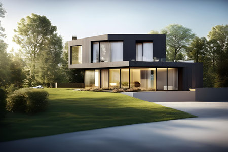 Illustration of modern, conceptual architectural villa in nature. Architecture and design concept. AI generated imageの素材