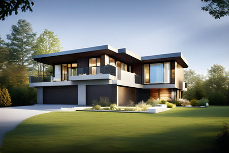 Illustration of modern, conceptual architectural villa in nature. Architecture and design concept. AI generated imageの素材
