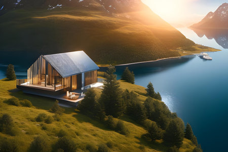 Illustration of cabin in nature, surrounded by the water and mountains.. Architecture and design concept. AI generated imageの素材