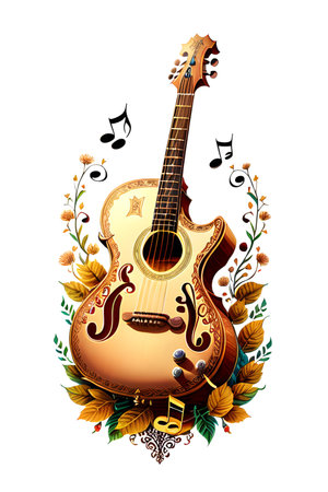 Abstract illustration of guitar, musical notes and clef. Music, sound, melody concept. AI generated image.の素材