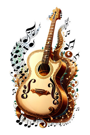 Abstract illustration of guitar, musical notes and clef. Music, sound, melody concept. AI generated image.の素材