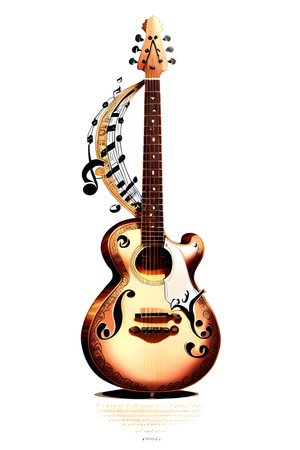 Abstract illustration of guitar, musical notes and clef. Music, sound, melody concept. AI generated image.の素材