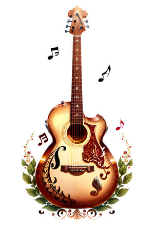 Abstract illustration of guitar, musical notes and clef. Music, sound, melody concept. AI generated image.の素材