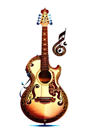 Abstract illustration of guitar, musical notes and clef. Music, sound, melody concept. AI generated image.の素材