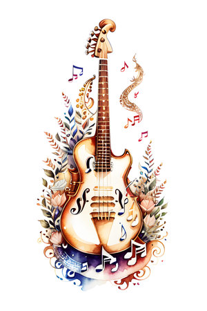 Abstract illustration of guitar, musical notes and clef. Music, sound, melody concept. AI generated image.の素材