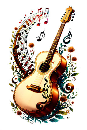 Abstract illustration of guitar, musical notes and clef. Music, sound, melody concept. AI generated image.の素材