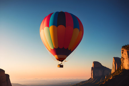 Illustration of hot air balloon flying towards blue sky. Air transportation, retro concepts. AI generated image.の素材