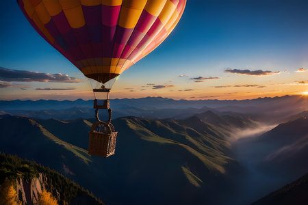 Illustration of hot air balloon flying towards blue sky. Air transportation, retro concepts. AI generated image.の素材