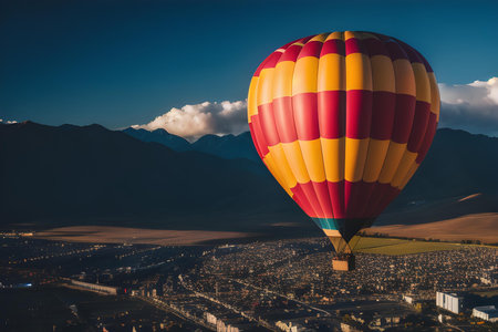 Illustration of hot air balloon flying towards blue sky. Air transportation, retro concepts. AI generated image.の素材