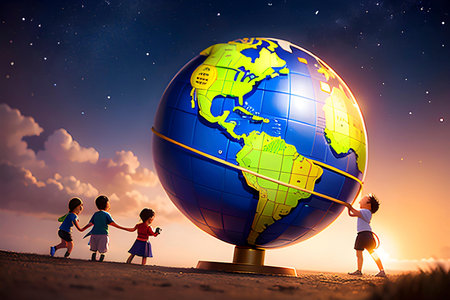Illustration of children play with Earth globe/ International Childern's Day concept. AI generated contentの素材