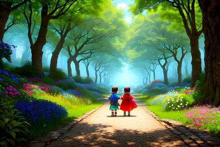 Illustration of children play in nature - forest, woods, natural environment. International Childern's Day concept. AI generated contentの素材