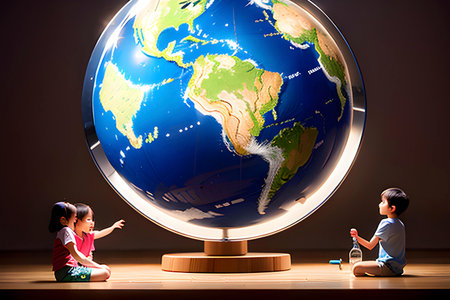 Illustration of children play with Earth globe/ International Childern's Day concept. AI generated contentの素材